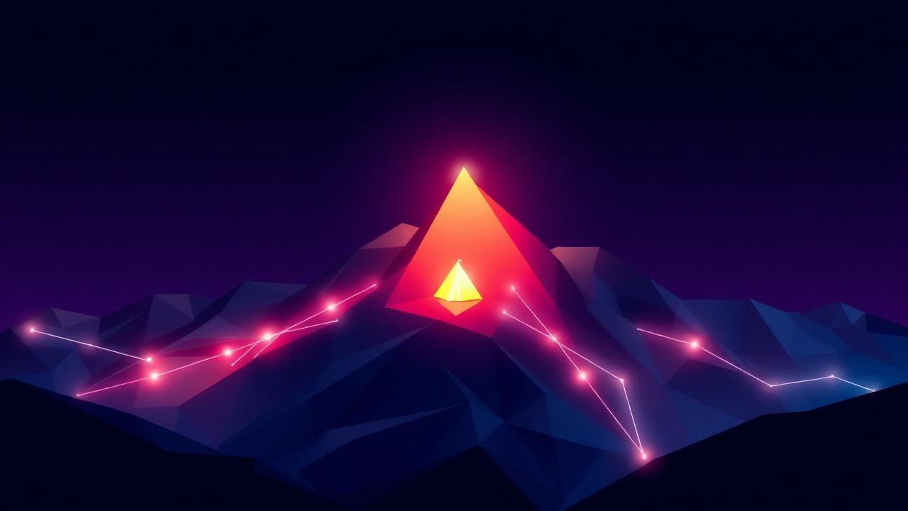 Abstract low-poly mountain with a lit camp, symbolising the Basecamp strategic alignment session