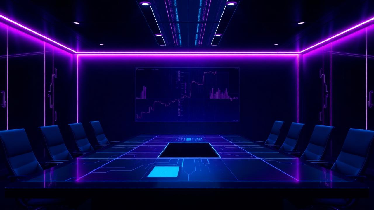 Abstract illustration of a boardroom table lit by violet and cyan data lines, symbolising a DPP board strategy session